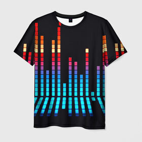 Мужская футболка 3D с принтом Эквалайзер неон в Курске, 100% полиэфир | прямой крой, круглый вырез горловины, длина до линии бедер | Тематика изображения на принте: музыка | полосы | разноцветный | яркий