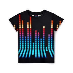 Детская футболка 3D с принтом Эквалайзер неон в Курске, 100% гипоаллергенный полиэфир | прямой крой, круглый вырез горловины, длина до линии бедер, чуть спущенное плечо, ткань немного тянется | Тематика изображения на принте: музыка | полосы | разноцветный | яркий