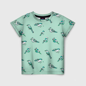 Детская футболка 3D с принтом Птица-синица в Курске, 100% гипоаллергенный полиэфир | прямой крой, круглый вырез горловины, длина до линии бедер, чуть спущенное плечо, ткань немного тянется | бирюза | паттерн | птахи | птички