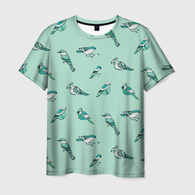 Мужская футболка 3D с принтом Птица-синица в Курске, 100% полиэфир | прямой крой, круглый вырез горловины, длина до линии бедер | Тематика изображения на принте: бирюза | паттерн | птахи | птички