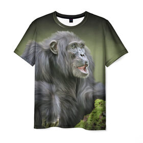 Мужская футболка 3D с принтом Шимпанзе в Курске, 100% полиэфир | прямой крой, круглый вырез горловины, длина до линии бедер | животные | обезьяна 