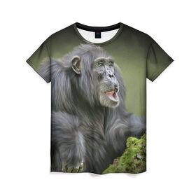 Женская футболка 3D с принтом Шимпанзе в Курске, 100% полиэфир ( синтетическое хлопкоподобное полотно) | прямой крой, круглый вырез горловины, длина до линии бедер | животные | обезьяна 