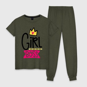 Женская пижама хлопок с принтом Girl Boss в Курске, 100% хлопок | брюки и футболка прямого кроя, без карманов, на брюках мягкая резинка на поясе и по низу штанин | девочка | девчачья