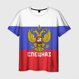 Мужская футболка 3D с принтом Спецназ, герб и флаг России в Курске, 100% полиэфир | прямой крой, круглый вырез горловины, длина до линии бедер | орел | отряд | рф | специального назначения | триколор