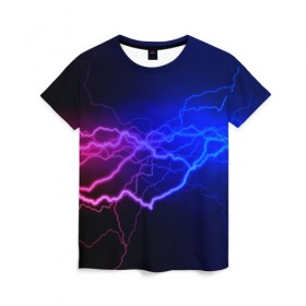 Женская футболка 3D с принтом Столкновение энергии в Курске, 100% полиэфир ( синтетическое хлопкоподобное полотно) | прямой крой, круглый вырез горловины, длина до линии бедер | молния | разряд | электричество | яркий