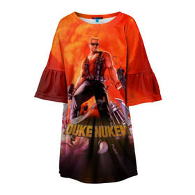 Детское платье 3D с принтом Duke Nukem в Курске, 100% полиэстер | прямой силуэт, чуть расширенный к низу. Круглая горловина, на рукавах — воланы | Тематика изображения на принте: брутальный | взрыв | дюк нюмем | мужик | огонь | радиация | ядерный