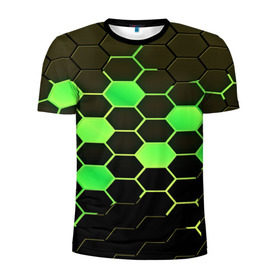 Мужская футболка 3D спортивная с принтом Кислотные соты в Курске, 100% полиэстер с улучшенными характеристиками | приталенный силуэт, круглая горловина, широкие плечи, сужается к линии бедра | technology | кислотный | паттерн | соты | яркий