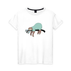 Женская футболка хлопок с принтом Ленивец спит в Курске, 100% хлопок | прямой крой, круглый вырез горловины, длина до линии бедер, слегка спущенное плечо | арт | ленивец | лень | прикольные | сон