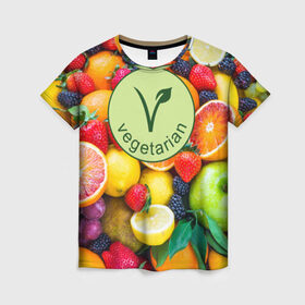 Женская футболка 3D с принтом Vegetarian в Курске, 100% полиэфир ( синтетическое хлопкоподобное полотно) | прямой крой, круглый вырез горловины, длина до линии бедер | fruits | vegan | vegetables | vegetarian | веган | вегетарианство | еда | овощи | фрукты