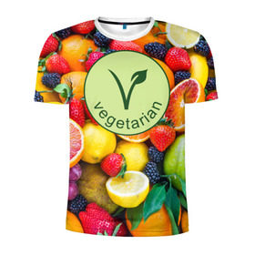 Мужская футболка 3D спортивная с принтом Vegetarian в Курске, 100% полиэстер с улучшенными характеристиками | приталенный силуэт, круглая горловина, широкие плечи, сужается к линии бедра | fruits | vegan | vegetables | vegetarian | веган | вегетарианство | еда | овощи | фрукты