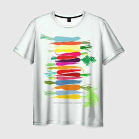 Мужская футболка 3D с принтом Feel Good в Курске, 100% полиэфир | прямой крой, круглый вырез горловины, длина до линии бедер | fruits | vegan | vegetables | vegetarian | веган | вегетарианство | еда | овощи | фрукты