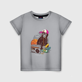 Детская футболка 3D с принтом monkey music в Курске, 100% гипоаллергенный полиэфир | прямой крой, круглый вырез горловины, длина до линии бедер, чуть спущенное плечо, ткань немного тянется | monkey | банан | баскетбол | магнитофон | музыка | мяч | обезьяна | хипстер
