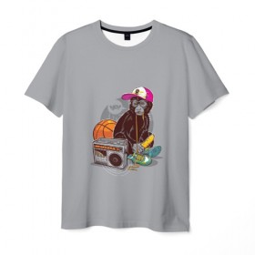 Мужская футболка 3D с принтом monkey music в Курске, 100% полиэфир | прямой крой, круглый вырез горловины, длина до линии бедер | monkey | банан | баскетбол | магнитофон | музыка | мяч | обезьяна | хипстер
