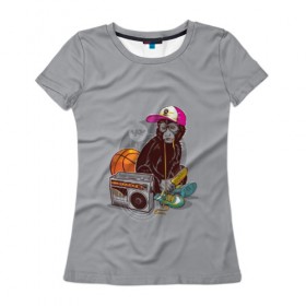 Женская футболка 3D с принтом monkey music в Курске, 100% полиэфир ( синтетическое хлопкоподобное полотно) | прямой крой, круглый вырез горловины, длина до линии бедер | monkey | банан | баскетбол | магнитофон | музыка | мяч | обезьяна | хипстер