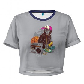 Женская футболка 3D укороченная с принтом monkey music в Курске, 100% полиэстер | круглая горловина, длина футболки до линии талии, рукава с отворотами | monkey | банан | баскетбол | магнитофон | музыка | мяч | обезьяна | хипстер