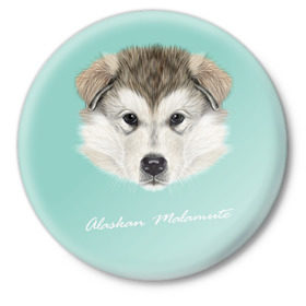 Значок с принтом Alaskan Malamute в Курске,  металл | круглая форма, металлическая застежка в виде булавки | alaskan malamute | dog | puppy | маламут | собака | хаски | щенок