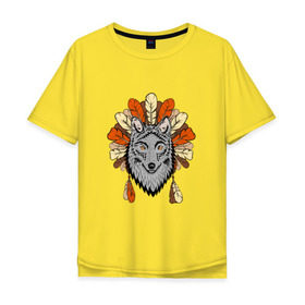 Мужская футболка хлопок Oversize с принтом Волк индеец в Курске, 100% хлопок | свободный крой, круглый ворот, “спинка” длиннее передней части | арт | волк | волкодав | животные | индейцы | перья | собака