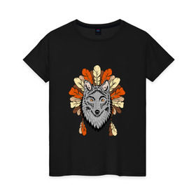 Женская футболка хлопок с принтом Волк индеец в Курске, 100% хлопок | прямой крой, круглый вырез горловины, длина до линии бедер, слегка спущенное плечо | арт | волк | волкодав | животные | индейцы | перья | собака