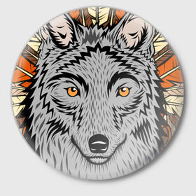 Значок с принтом Волк индеец в Курске,  металл | круглая форма, металлическая застежка в виде булавки | Тематика изображения на принте: арт | волк | волкодав | животные | индейцы | перья | собака