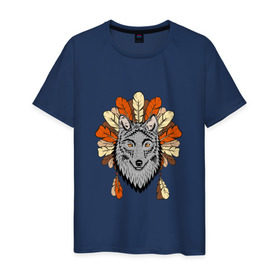 Мужская футболка хлопок с принтом Волк индеец в Курске, 100% хлопок | прямой крой, круглый вырез горловины, длина до линии бедер, слегка спущенное плечо. | арт | волк | волкодав | животные | индейцы | перья | собака