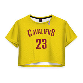Женская футболка 3D укороченная с принтом Форма Cavaliers Cleveland жёлтая в Курске, 100% полиэстер | круглая горловина, длина футболки до линии талии, рукава с отворотами | nba