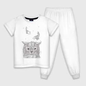 Детская пижама хлопок с принтом Мечтатель в Курске, 100% хлопок |  брюки и футболка прямого кроя, без карманов, на брюках мягкая резинка на поясе и по низу штанин
 | воздушный | дзенарт | кот | мечта | принт | раскраска | рыба | рыбки | черно белый