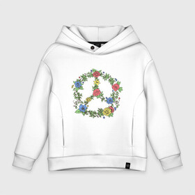 Детское худи Oversize хлопок с принтом peace flowers в Курске, френч-терри — 70% хлопок, 30% полиэстер. Мягкий теплый начес внутри —100% хлопок | боковые карманы, эластичные манжеты и нижняя кромка, капюшон на магнитной кнопке | Тематика изображения на принте: flowers | peace | мир | цветы