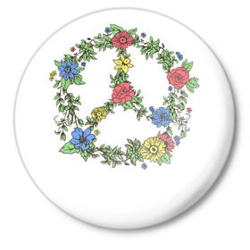 Значок с принтом peace flowers в Курске,  металл | круглая форма, металлическая застежка в виде булавки | flowers | peace | мир | цветы