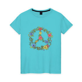 Женская футболка хлопок с принтом peace flowers в Курске, 100% хлопок | прямой крой, круглый вырез горловины, длина до линии бедер, слегка спущенное плечо | flowers | peace | мир | цветы