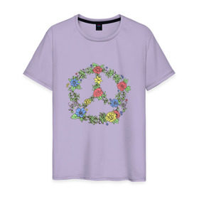 Мужская футболка хлопок с принтом peace flowers в Курске, 100% хлопок | прямой крой, круглый вырез горловины, длина до линии бедер, слегка спущенное плечо. | flowers | peace | мир | цветы