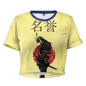 Женская футболка 3D укороченная с принтом Японский самурай (честь) в Курске, 100% полиэстер | круглая горловина, длина футболки до линии талии, рукава с отворотами | meiyo | самурай | япония