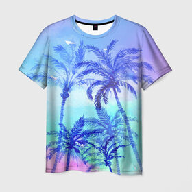 Мужская футболка 3D с принтом Акварельное небо и пальмы в Курске, 100% полиэфир | прямой крой, круглый вырез горловины, длина до линии бедер | Тематика изображения на принте: 