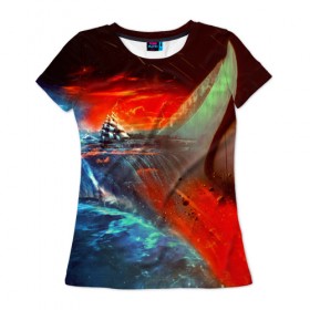 Женская футболка 3D с принтом Фантастика в Курске, 100% полиэфир ( синтетическое хлопкоподобное полотно) | прямой крой, круглый вырез горловины, длина до линии бедер | 3d | blue | брызги | вмф | вода | военный | волны | исторический | капли | корабль | космос | лето | море | моряк | океан | природа | фрегат | шторм
