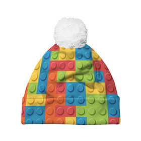 Шапка 3D c помпоном с принтом Лего в Курске, 100% полиэстер | универсальный размер, печать по всей поверхности изделия | lego | tetris | детальки | лего | разноцветные