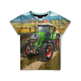 Детская футболка 3D с принтом Farming simulator 2 в Курске, 100% гипоаллергенный полиэфир | прямой крой, круглый вырез горловины, длина до линии бедер, чуть спущенное плечо, ткань немного тянется | Тематика изображения на принте: farming | simulator | трактор | фермер