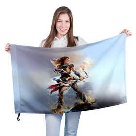 Флаг 3D с принтом HZD 4 в Курске, 100% полиэстер | плотность ткани — 95 г/м2, размер — 67 х 109 см. Принт наносится с одной стороны | dawn | horizon | zero | роботы