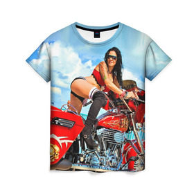 Женская футболка 3D с принтом Девушка на мотоцикле в Курске, 100% полиэфир ( синтетическое хлопкоподобное полотно) | прямой крой, круглый вырез горловины, длина до линии бедер | байкер