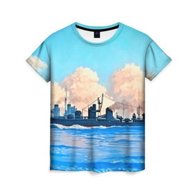 Женская футболка 3D с принтом Корабль в Курске, 100% полиэфир ( синтетическое хлопкоподобное полотно) | прямой крой, круглый вырез горловины, длина до линии бедер | 3d | blue | брызги | вмф | вода | военный | волны | исторический | капли | корабль | лето | море | моряк | океан | природа | фрегат | шторм