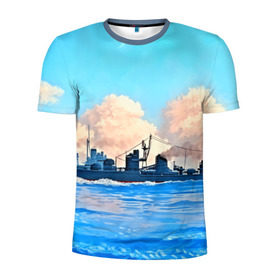 Мужская футболка 3D спортивная с принтом Корабль в Курске, 100% полиэстер с улучшенными характеристиками | приталенный силуэт, круглая горловина, широкие плечи, сужается к линии бедра | 3d | blue | брызги | вмф | вода | военный | волны | исторический | капли | корабль | лето | море | моряк | океан | природа | фрегат | шторм