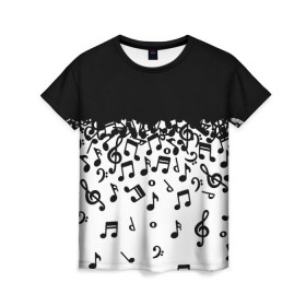 Женская футболка 3D с принтом Поглощение музыкой в Курске, 100% полиэфир ( синтетическое хлопкоподобное полотно) | прямой крой, круглый вырез горловины, длина до линии бедер | абстракция | арт | дизайн | музыка | ноты | ритм