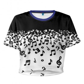 Женская футболка 3D укороченная с принтом Поглощение музыкой в Курске, 100% полиэстер | круглая горловина, длина футболки до линии талии, рукава с отворотами | абстракция | арт | дизайн | музыка | ноты | ритм
