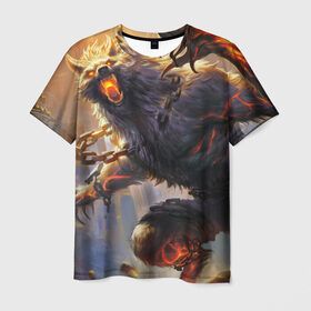 Мужская футболка 3D с принтом Оборотень в Курске, 100% полиэфир | прямой крой, круглый вырез горловины, длина до линии бедер | волк | оборотень | огонь | руины | цепи
