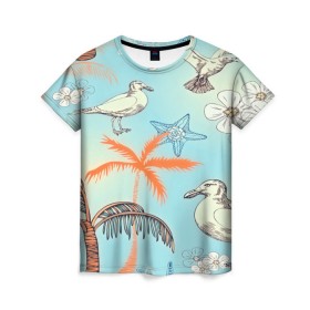 Женская футболка 3D с принтом Морской стиль в Курске, 100% полиэфир ( синтетическое хлопкоподобное полотно) | прямой крой, круглый вырез горловины, длина до линии бедер | Тематика изображения на принте: арт | море | пальмы | природа | птицы | цветные | цветы | чайки | яркие