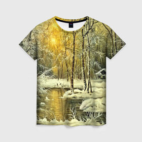 Женская футболка 3D с принтом Сказочная зима в Курске, 100% полиэфир ( синтетическое хлопкоподобное полотно) | прямой крой, круглый вырез горловины, длина до линии бедер | верхушки | вершины | горы | ели | ёлки | ёлочки | зима | красота | лес | небо | облака | пасмурно | пейзаж | сказка | сказочно | снег | сугробы | тени | тучи | холмы | чудесно
