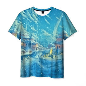 Мужская футболка 3D с принтом Зимний городок в Курске, 100% полиэфир | прямой крой, круглый вырез горловины, длина до линии бедер | Тематика изображения на принте: ночь | пейзаж | снег