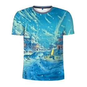 Мужская футболка 3D спортивная с принтом Зимний городок в Курске, 100% полиэстер с улучшенными характеристиками | приталенный силуэт, круглая горловина, широкие плечи, сужается к линии бедра | ночь | пейзаж | снег