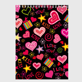 Скетчбук с принтом Love в Курске, 100% бумага
 | 48 листов, плотность листов — 100 г/м2, плотность картонной обложки — 250 г/м2. Листы скреплены сверху удобной пружинной спиралью | kiss | love | звезды | любовь | подарок | поцелуй | сердце | цветы
