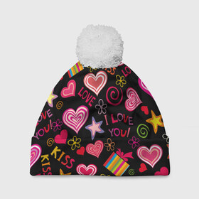 Шапка 3D c помпоном с принтом Love в Курске, 100% полиэстер | универсальный размер, печать по всей поверхности изделия | kiss | love | звезды | любовь | подарок | поцелуй | сердце | цветы