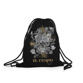 Рюкзак-мешок 3D с принтом El Chapo в Курске, 100% полиэстер | плотность ткани — 200 г/м2, размер — 35 х 45 см; лямки — толстые шнурки, застежка на шнуровке, без карманов и подкладки | Тематика изображения на принте: el chapo | глаза | скелет | тату | цветы | череп