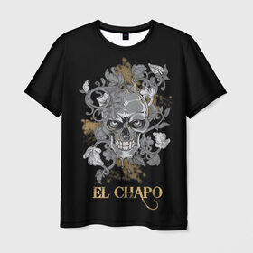 Мужская футболка 3D с принтом El Chapo в Курске, 100% полиэфир | прямой крой, круглый вырез горловины, длина до линии бедер | Тематика изображения на принте: el chapo | глаза | скелет | тату | цветы | череп